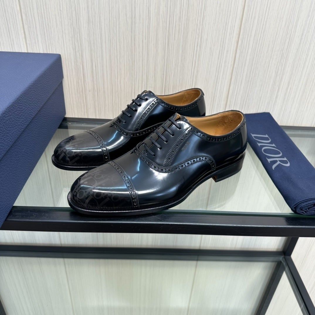Giày Tây Dior Oxford Màu Đen Bóng Họa Tiết Monogram