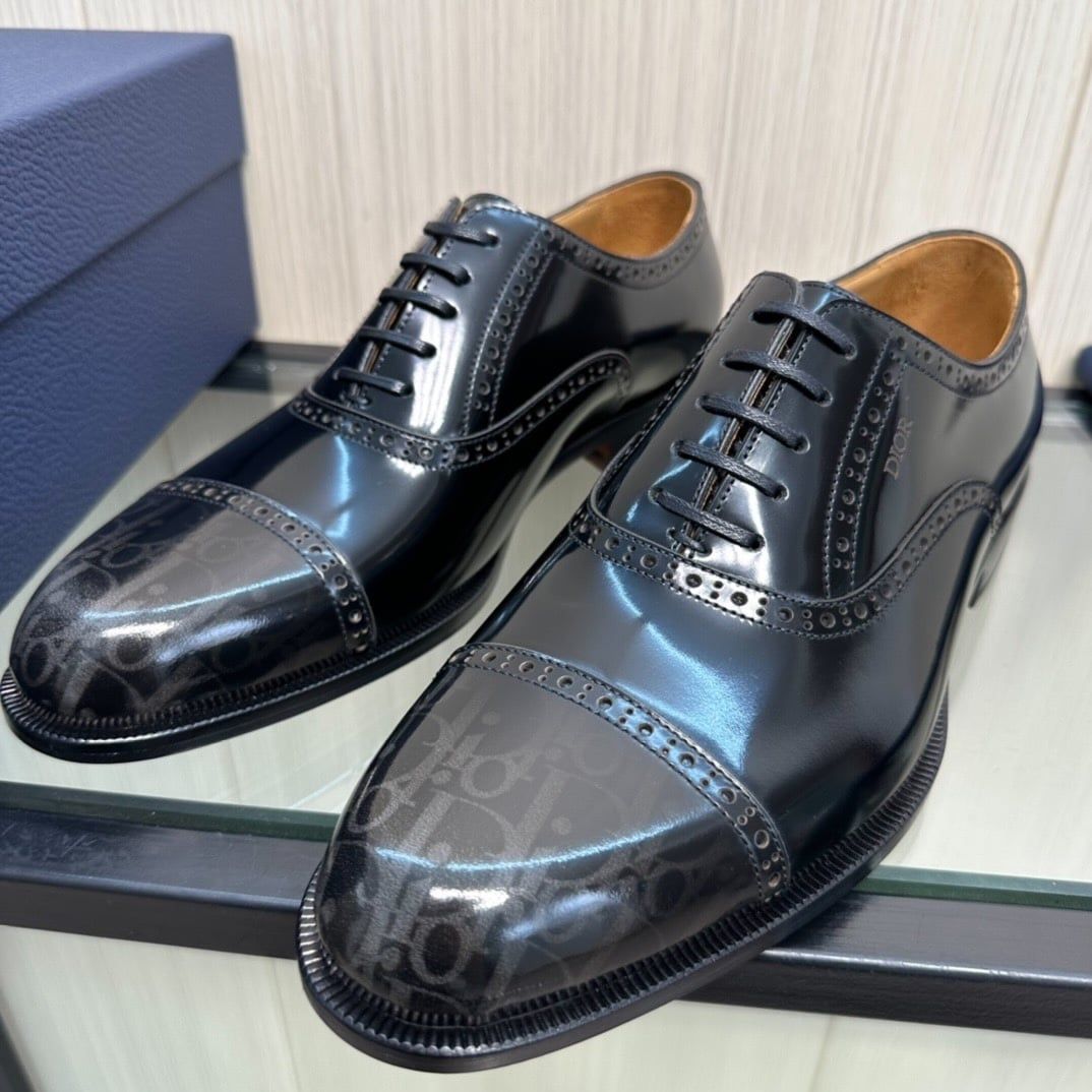 Giày Tây Dior Oxford Màu Đen Bóng Họa Tiết Monogram