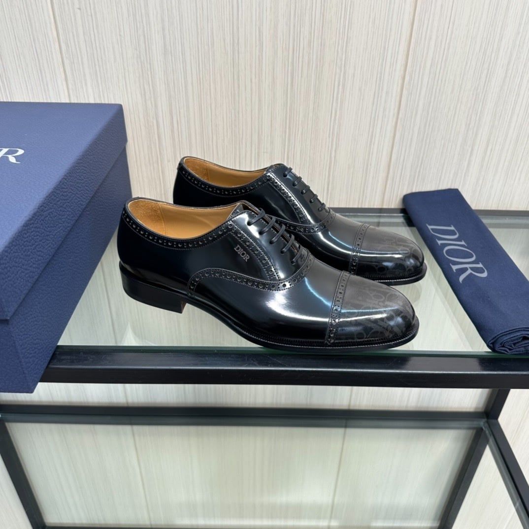 Giày Tây Dior Oxford Màu Đen Bóng Họa Tiết Monogram