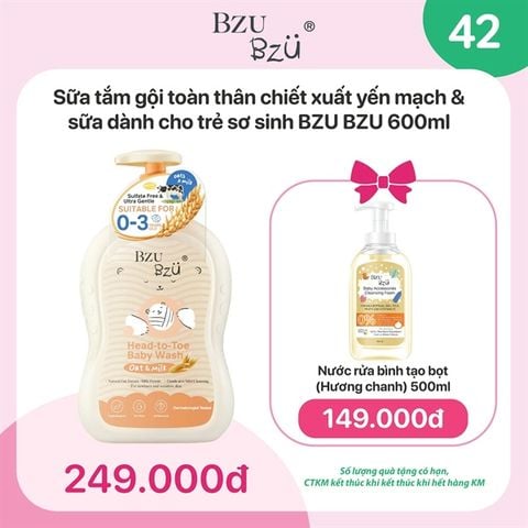 Combo Sữa tắm gội Bzu Bzu chiết xuất yến mạch và sữa chai 600ml + nước rửa bình hương chanh chai 500ml
