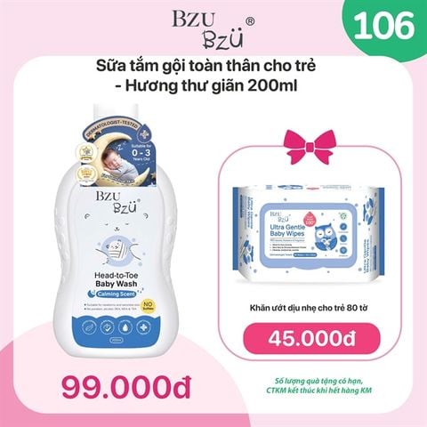 Combo Sữa tắm gội Bzu Bzu chai 200ml hương thư giãn + khăn ướt dịu nhẹ 80 tờ