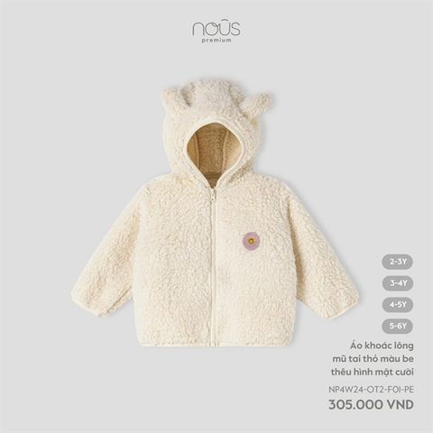 Áo khoác lông mũ tai thỏ màu be thêu hình mặt cười Nous