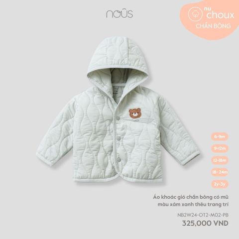 Áo khoác gió chần bông có mũ màu xám xanh thêu trang trí Nous