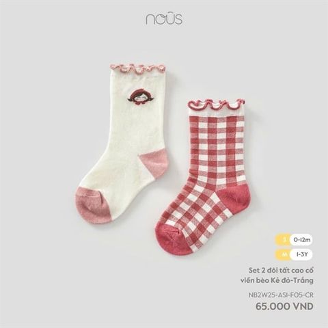Set 2 tất màu trắng phối kẻ caro đỏ Nous