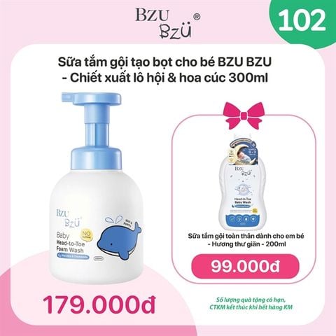 Combo Sữa tắm gội Bzu Bzu chiết xuất lô hội và hoa cúc chai 300ml + Sữa tắm gội hương thư giãn 200ml