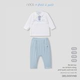 Bộ dài tay áo cài lệch trắng phối quần xanh da trời Nous