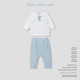 Bộ dài tay áo cài lệch trắng phối quần xanh da trời Nous