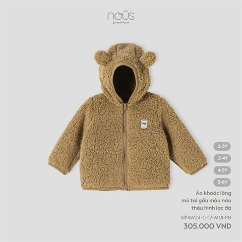 Áo khoác lông mũ tai gấu màu nâu thêu hình lạc đà Nous