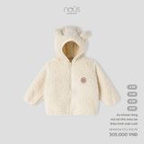 Áo khoác lông mũ tai thỏ màu be thêu hình mặt cười Nous