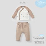 Bộ dài cài lệch áo trắng họa tiết mèo vũ trụ phối quần nâu Nous