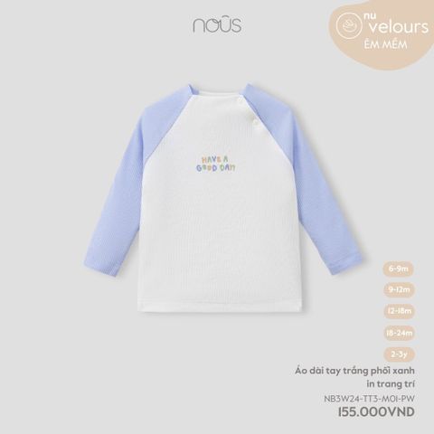 Áo dài tay trắng phối xanh in trang trí Nous