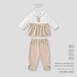 Bộ dài tay áo dáng xòe phối ca rô nâu thêu gấu Nous