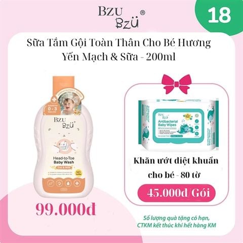 Combo Sữa tắm gội chiết xuất yến mạch và sữa chai 200ml +khăn ướt diệt khuẩn 80 tờ Bzu Bzu