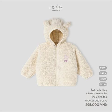 Áo khoác lông mũ tai thỏ màu be thêu hình thỏ Nous