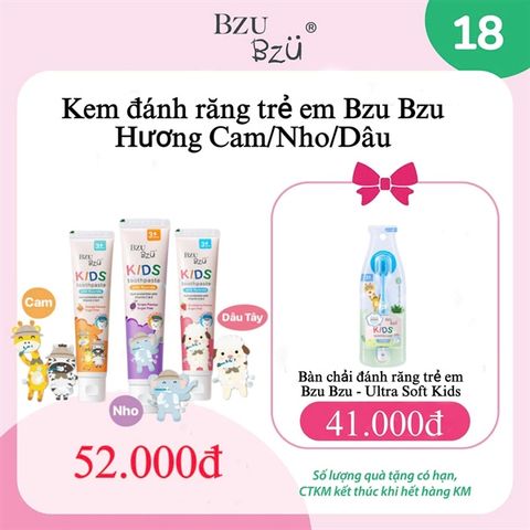Combo kem đánh răng trẻ em cam/nho/dâu + bàn chải đánh răng Bzu Bzu