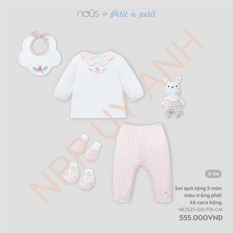 Set quà tặng 5 món màu trắng phối kẻ caro hồng Nous NE2S25-GS1-F01-CM-0M