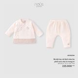 Bộ dài tay cài lệch màu be phối caro nâu in trang trí Nous