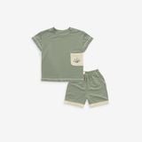 Bộ ngắn tay cài vai Túi ốp Muda 1301A1 Bubaby Xanh Olive E64 6-12m BBC1301A1.M12E64