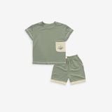 Bộ ngắn tay cài vai Túi ốp Muda 1301A1 Bubaby Xanh Olive E64 6-12m BBC1301A1.M12E64