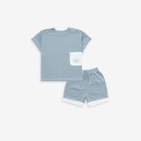 Bộ ngắn tay cài vai Túi ốp Muda 1301A1 Bubaby Xanh ghi đá E65 6-12m BBC1301A1.M12E65