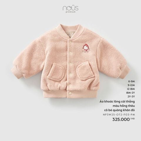 Áo khoác lông cài thẳng màu hồng thêu cô bé quàng khăn đỏ Nous