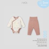 Bộ bodysuit dài tay áo trắng họa tiết thỏ kéo xe phối quần nâu cam Nous