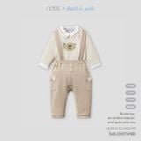 Bộ dài tay áo cài lệch màu be phối quần yếm nâu Nous