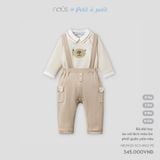 Bộ dài tay áo cài lệch màu be phối quần yếm nâu Nous