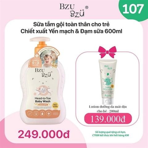 Combo Sữa tắm gội chiết xuất yến mạch và sữa chai 600ml + dưỡng thể 200ml Bzu Bzu