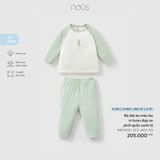 Bộ dài áo màu be in hươu đạp xe phối quần xanh lá Nous