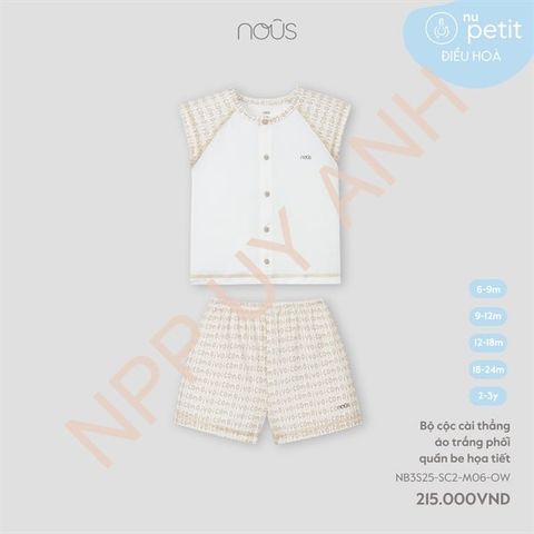 Bộ cộc cài thẳng áo trắng phối quần be họa tiết Nous NB3S25-SC2-M06-OW-6M