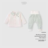 Bộ dài tay cài thẳng màu be phối caro xanh thêu trang trí Nous