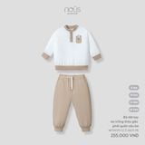 Bộ dài tay áo trắng thêu gấu phối quần nâu be Nous