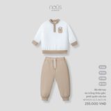 Bộ dài tay áo trắng thêu gấu phối quần nâu be Nous