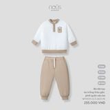 Bộ dài tay áo trắng thêu gấu phối quần nâu be Nous