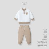 Bộ dài tay áo trắng thêu gấu phối quần nâu be Nous