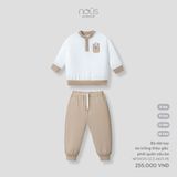 Bộ dài tay áo trắng thêu gấu phối quần nâu be Nous