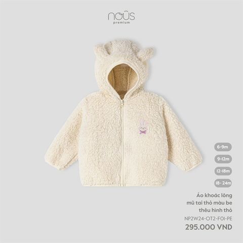 Áo khoác lông mũ tai thỏ màu be thêu hình thỏ Nous
