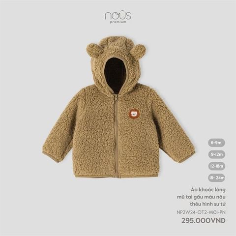 Áo khoác lông mũ tai gấu màu nâu thêu hình sư tử Nous