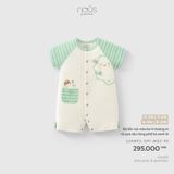 Bộ liền cộc màu be in hoàng tử và quả sầu riêng phối kẻ xanh lá Nous