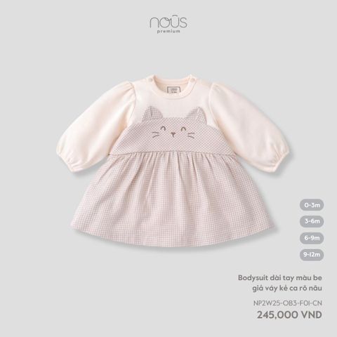 Bodysuit dài tay màu be giả váy kẻ ca rô nâu Nous