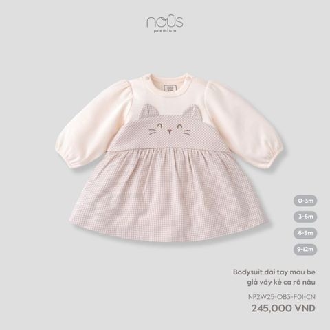 Bodysuit dài tay màu be giả váy kẻ ca rô nâu Nous
