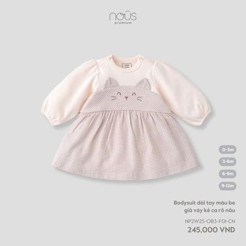 Bodysuit dài tay màu be giả váy kẻ ca rô nâu Nous