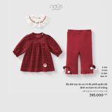 Bộ dài tay áo ca rô đỏ phối quần đỏ đính nơ kèm lá cổ trắng Nous