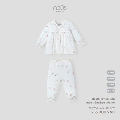 Bộ dài tay cài lệch màu trắng họa tiết thỏ Nous