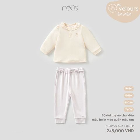 Bộ dài tay áo chui đầu màu be in mèo quần màu tím Nous