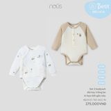 Set 2 bodysuit dài tay trắng be in họa tiết gấu nâu Nous