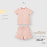 Bộ cộc tay màu hồng đào cổ tròn viền gấu in họa tiết Nous