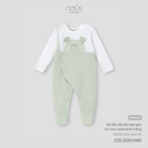 Bộ liền dài tất mặt gấu kẻ caro xanh phối trắng Nous NP1S25-OP3-M01-PG-NB