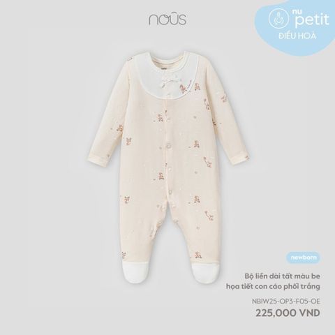 Bộ liền dài tất màu be họa tiết con cáo phối trắng Nous